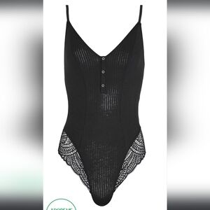Adore Me NWT Emilia Size L SOLD OUT Black w/Silver Metallic Stripes One Piece